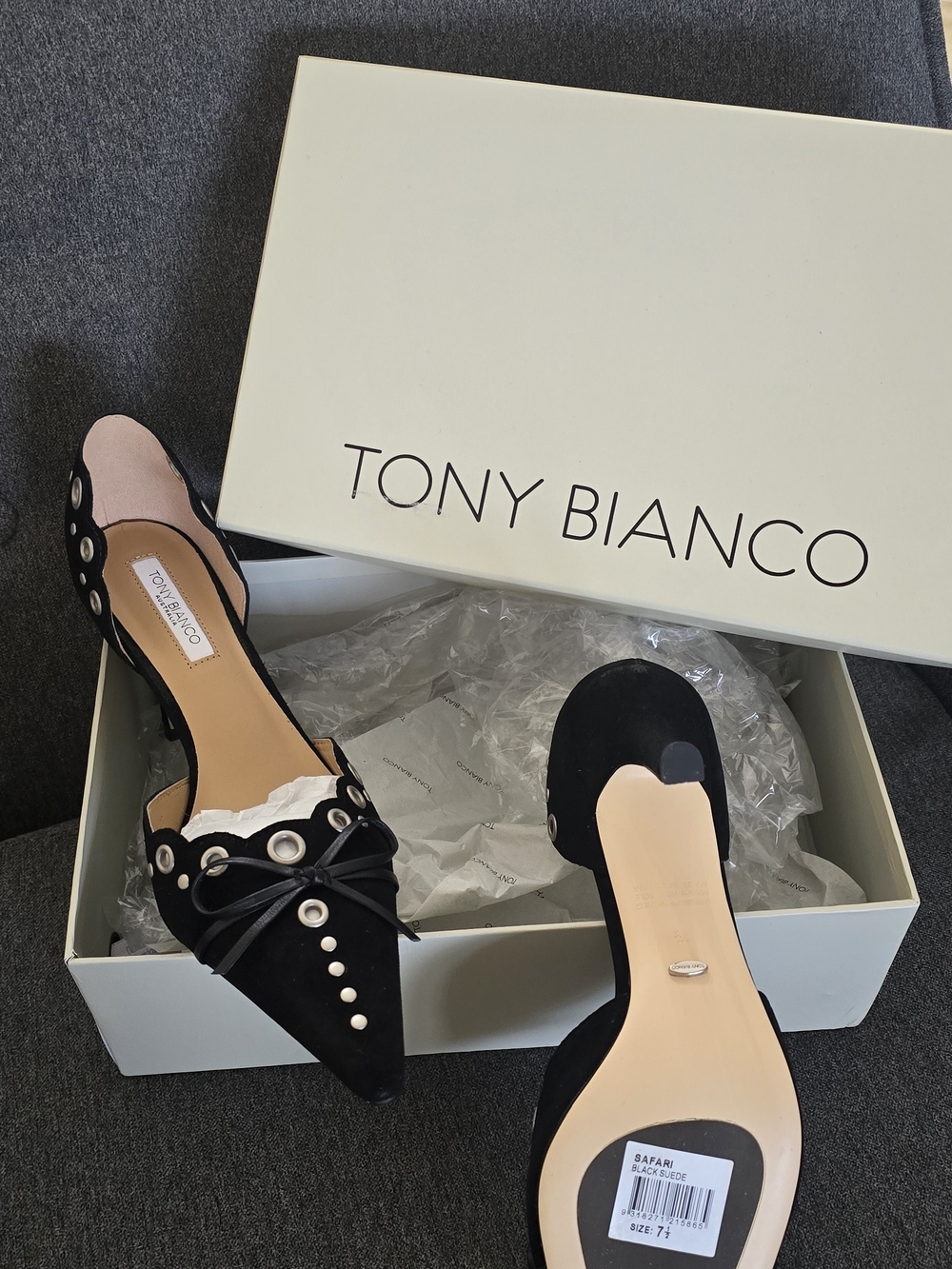 Tony Bianco Black Pointed Toe Flats with Eyelet and Pearl Accents